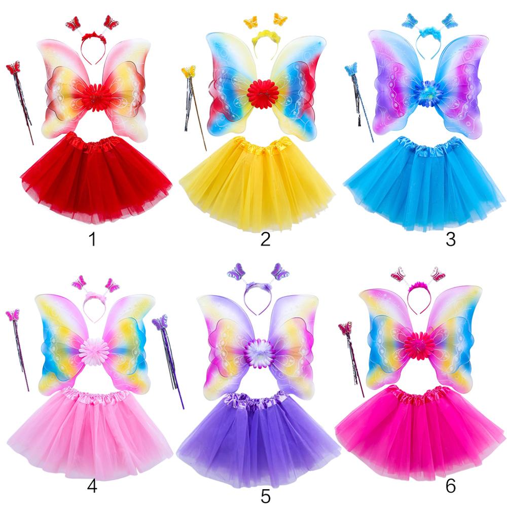 4 stk piger eventyr kostume sæt regnbue sommerfugl vinger tre lag tyl tutu nederdel tryllestav prinsesse halloween fest 3-8t