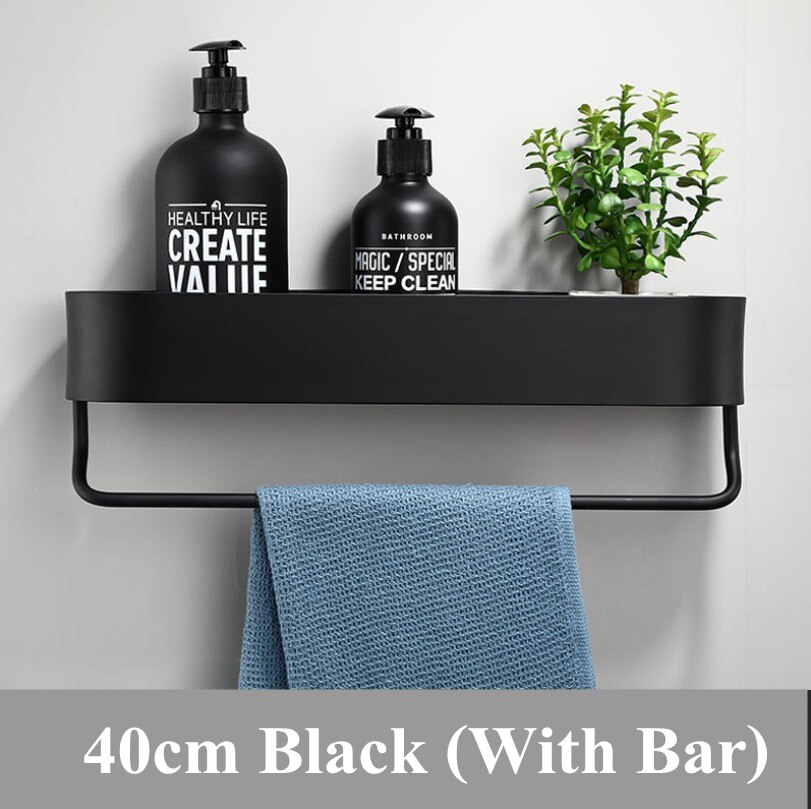 Plads aluminium sort badeværelse hylder køkken væg hylde bruser opbevaring rack håndklæde bar badeværelse tilbehør 30-50 cm længde: 40cm sorte med bar