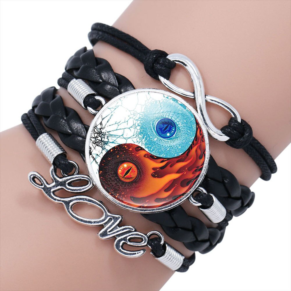 Tai Chi Decor PU Bracelet Yin-Yang Tai Ji Multi-Layer Alloy Wrist Jewelry Knitting Rope Adjustable Length for Men Women AUG889: Licht Geel Goud Kleur