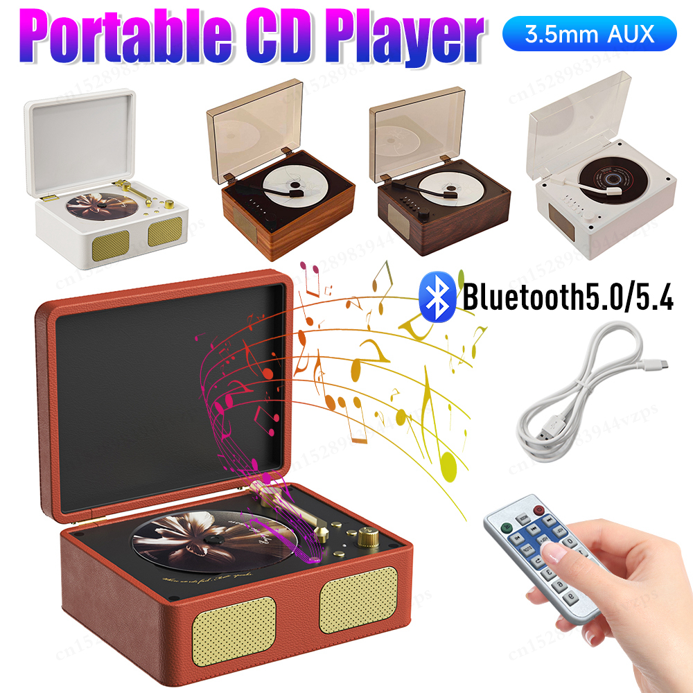 Retro Bluetooth CD Player with Remote Control Wireless CD Player Bluetooth5.0/5.4 Rechargeable Desktop CD Multimedia Player