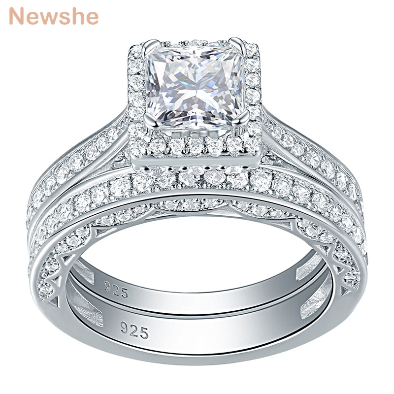 Newshe 2Pcs Echtes 925 Sterling Silber Hochzeit Ring Set Klassische Schmuck 1,5 Ct Prinzessin Cut AAAAA CZ Engagement Ringe für Frauen