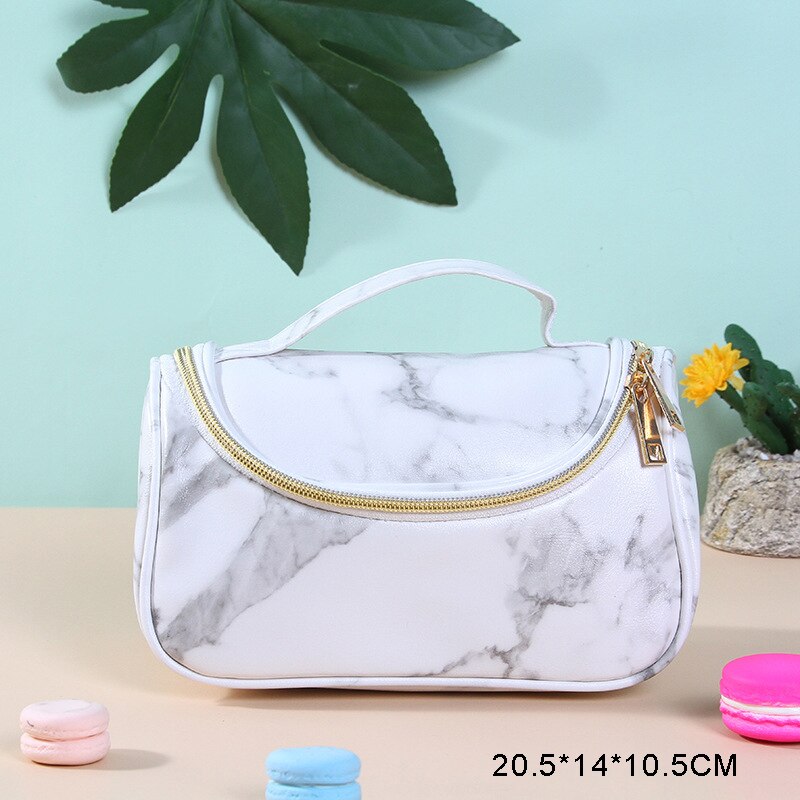 bolso de cosméticos Simple de mármol blanco de la cremallera bolsa de maquillaje de las mujeres de belleza portátil Sr. & Sra. pareja aniversario viaje suyo y suya de chica bolsa Necessarie: 2