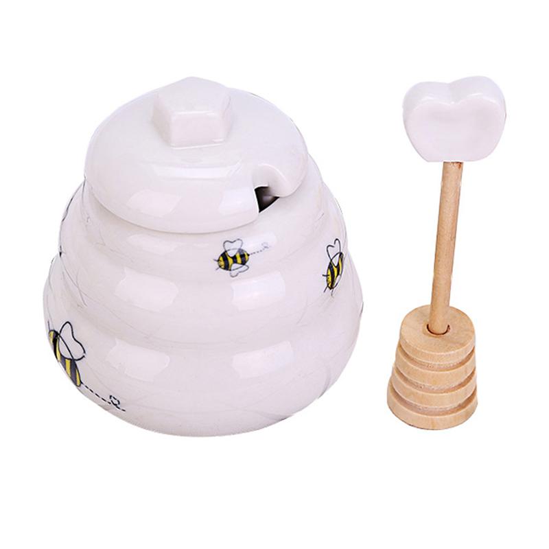 5 pièces Pot de miel en céramique Pot de confiture ensemble avec Dipper et couvercle pour de cuisine à la maison
