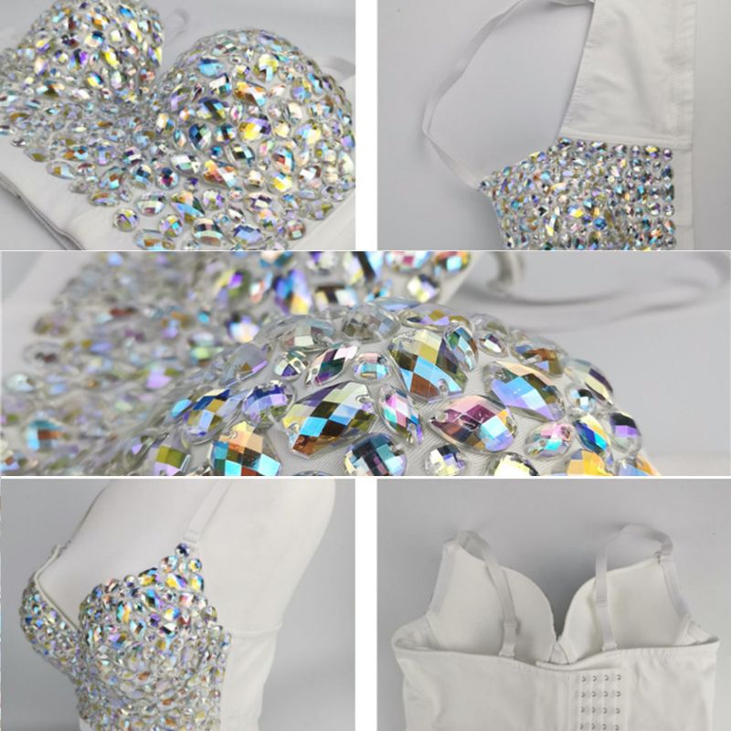 Women AB Colored Rhinestone Bustier Crop Top Spaghetti Strap Push Up Corset Vest 50JB