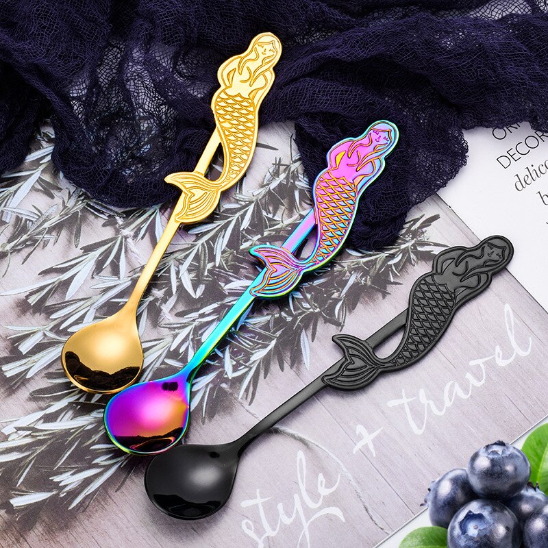 Cuillère à café et à Dessert sirène en acier inoxydable, cuillère à thé Moka à sucre et crème glacée, accessoires de cuisine, vaisselle, de décoration