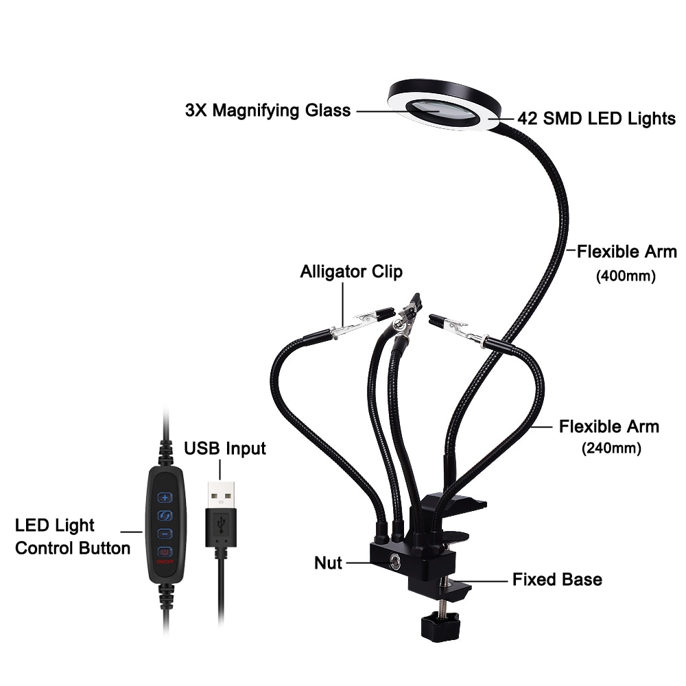 Toolour Welding Third Hand Tool Table Clamp Soldering Stand USB LED 3X Magnifier 5pc Flexible Arms Bench Vise Soldering Holder