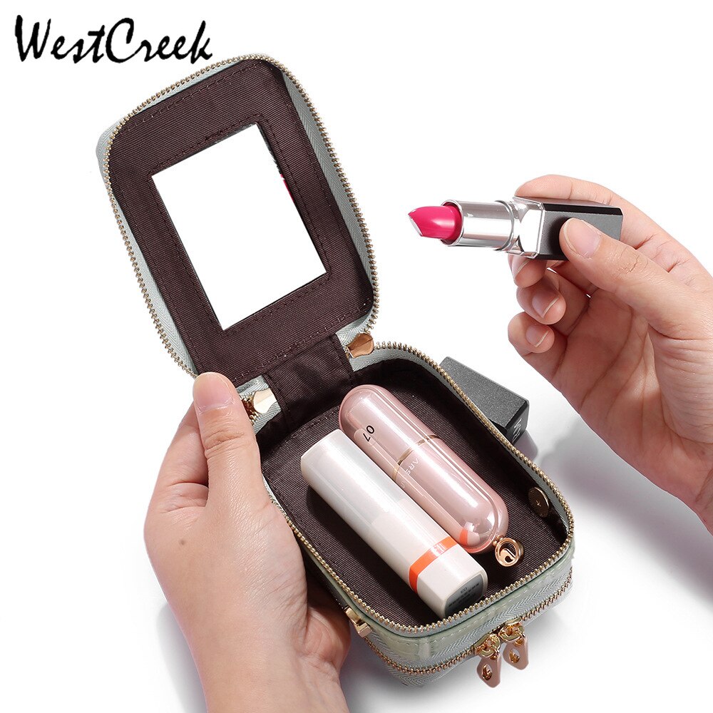 Westcreek Leer Lippenstift Cosmetische Tas Met Spiegel Make-Up Tas Keten Mini Crossbody Card Tassen Voor Vrouwen
