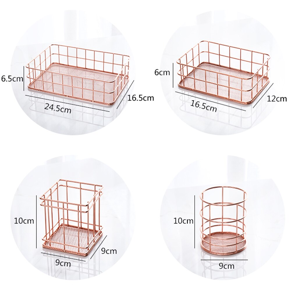 Nordic Rose Gold Metal Wire Iron Storage Basket Office Desktop Sundries Makeup Brushes Holder Table Cosmetics Organizer Rack
