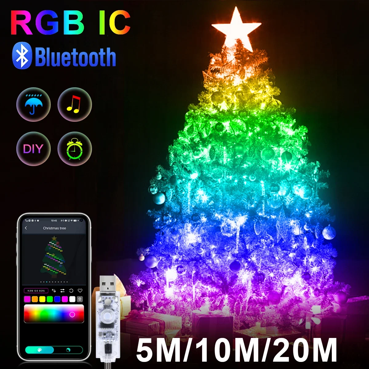 20M RGBIC USB 5V LED Stachel Licht Bluetooth Musik APP WS2812 Programmierbare DIY Lichterkette Geburtstag Party Girlande weihnachten Dekor
