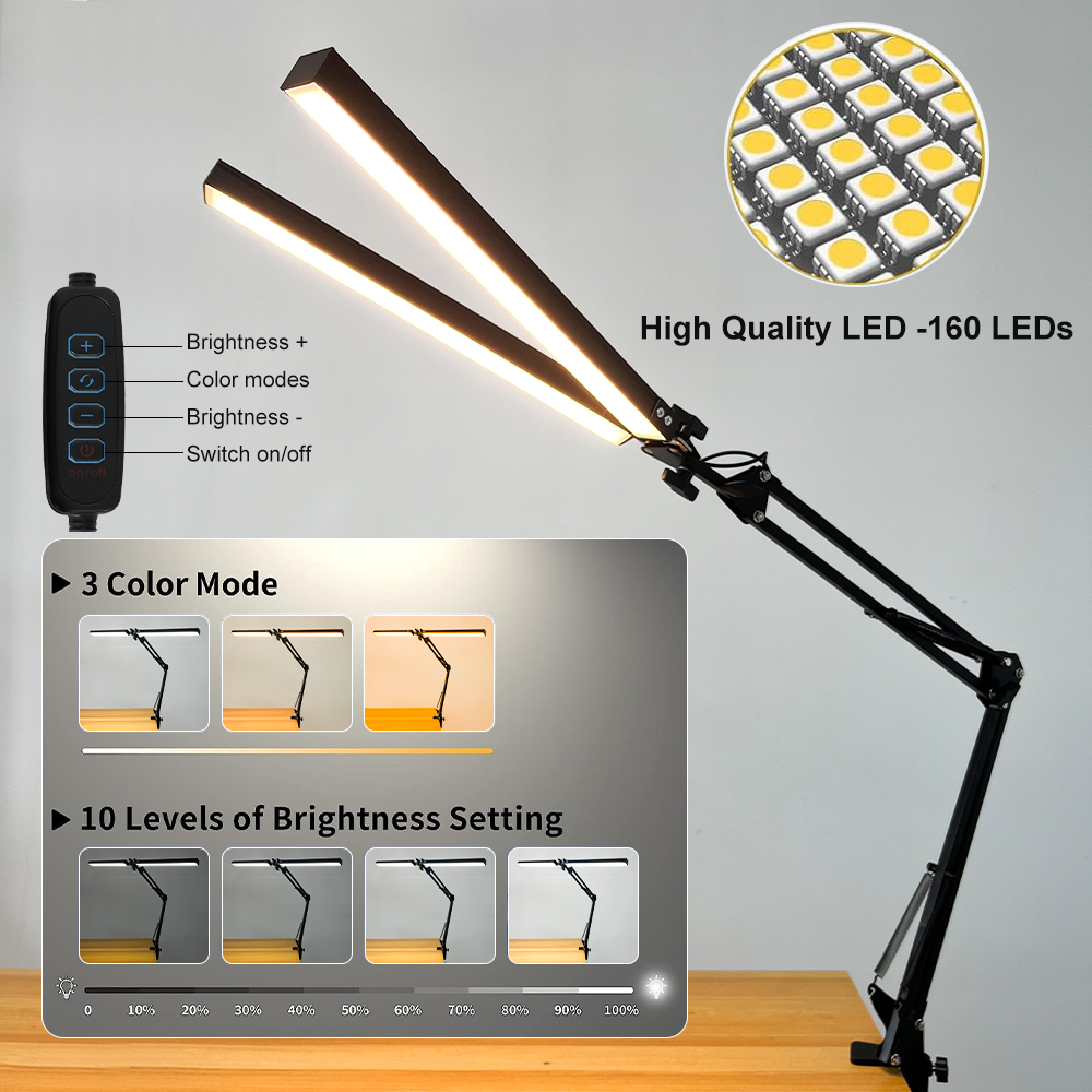 24W 160 diod doprowadziło lampa zadaniowa robić czytania regulowana, pielęgnująca wzrok lampka na biurko z zaciskiem lampa z wahaczem robić domowego biura 360 ° Wiruj z adapterem