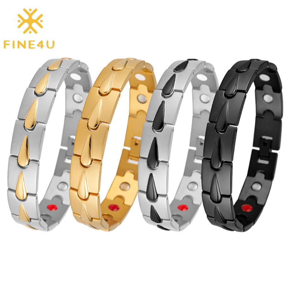 FINE4U B580 Magnetische Roestvrij Staal Mens Gold Zwart Power Element Armband Met Magneten