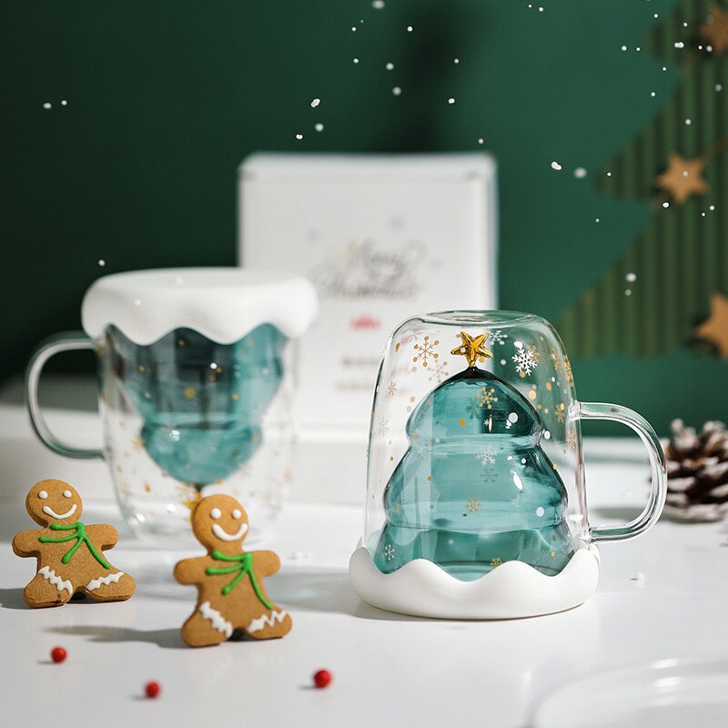 Taza de cristal transparente de doble pared para Año , árbol de Navidad, estrella de la nieve, antiescaldado, para café, leche, botella de agua, de Navidad