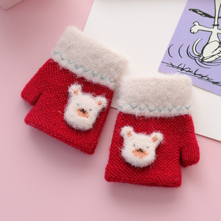 For 1~3Y baby infant Winter half finger knitted gloves rabbit knit warm half fingerless gloves for little baby child: red