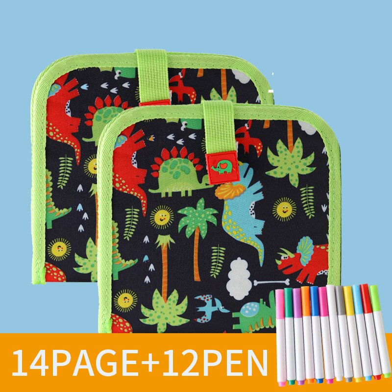 Kid Portable Painting Book Double-sided Erasable Drawing Book Animal Graffiti Writing Board Early Education Stationery Supplies: 14Page Dinosaur