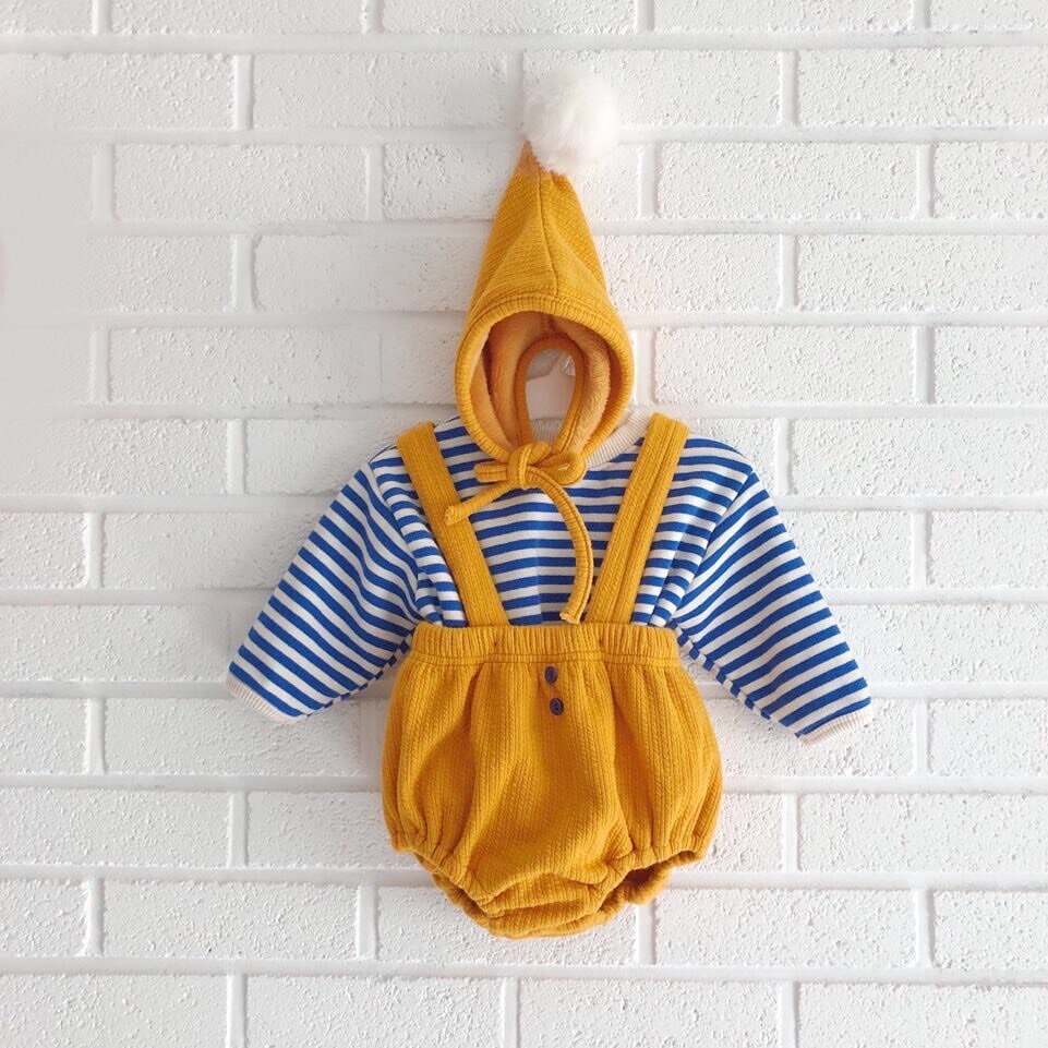 Babykledingset voor jongens, gestreepte tops met lange mouwen en kinderoveralls + muts, 3 sets kinderkleding, jumpsuits voor meisjes en babykleding.: Geel / 24m