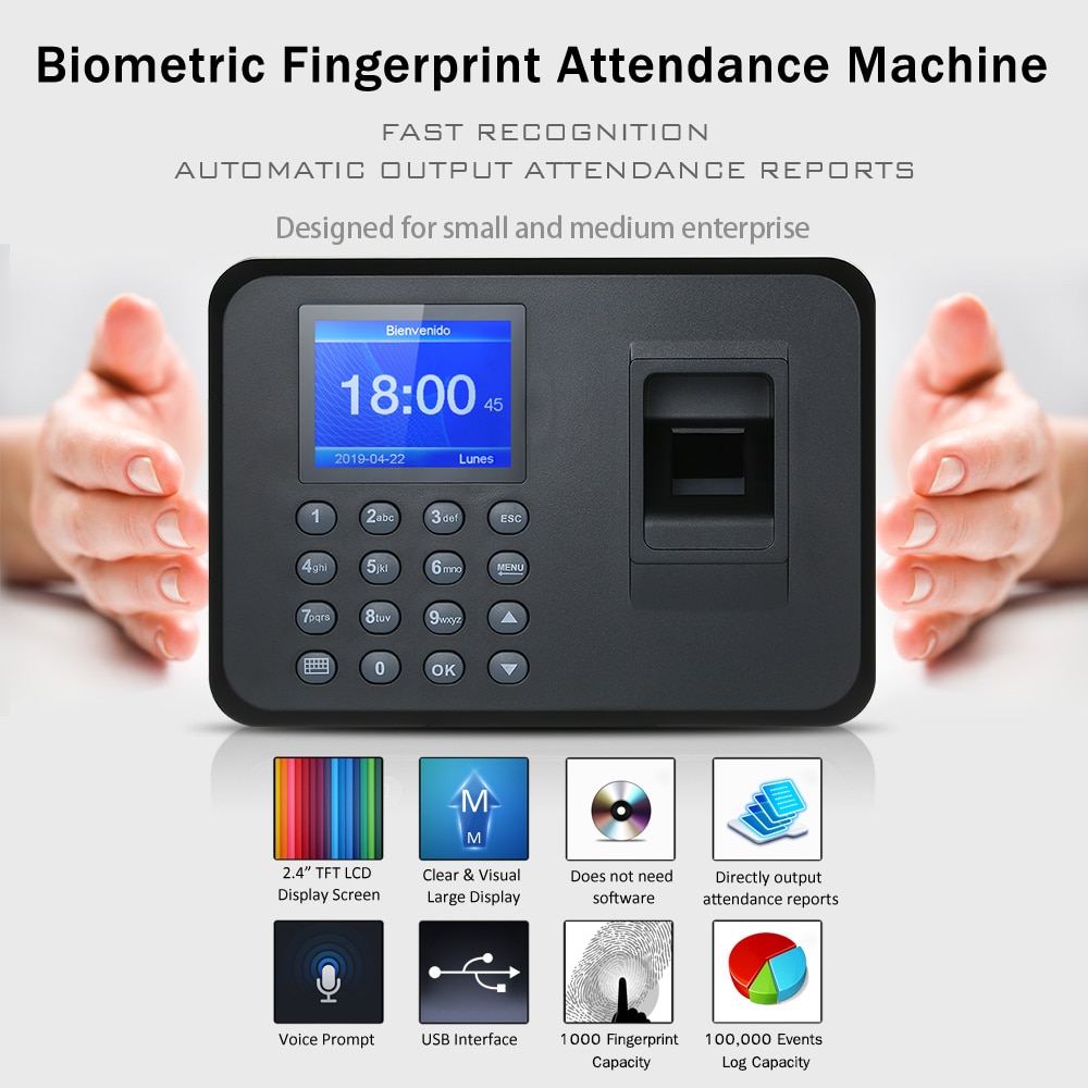 Biometric Fingerprint Attendance Machine 2.4" TFT LCD Display USB Fingerprint Attendance System Employee Checking-in Recorder