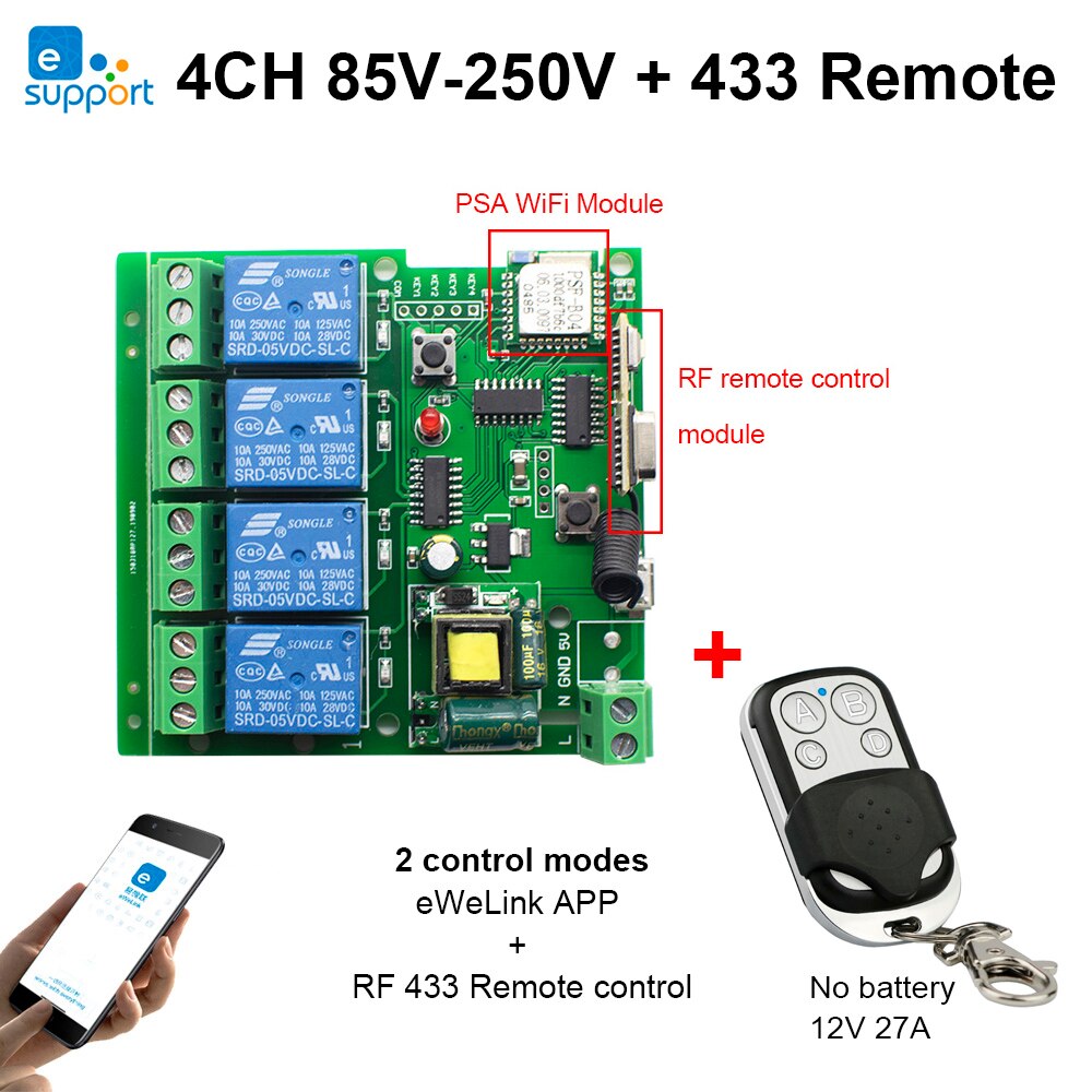 433Mhz Draadloze Afstandsbediening Schakelaar Dc 7V-32V 250V Smart Home Afstandsbediening 4CH Schakelaar module Jog, zelfsluitende Rf Ontvanger: wifi RF  85-250V