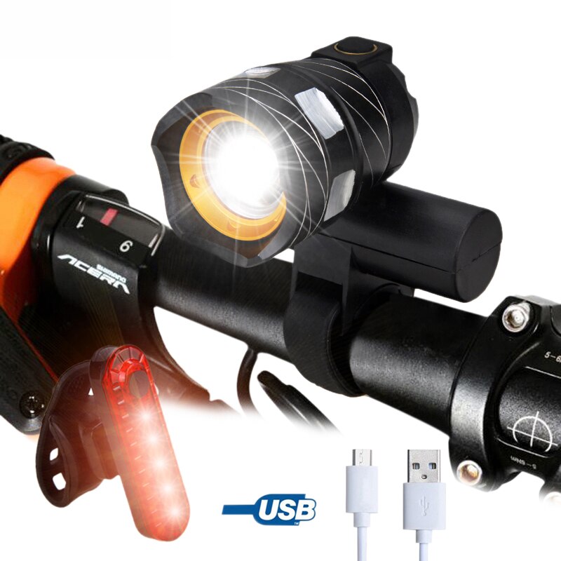 Waterproof USB Rechargeable Bike Light T6 LED Front Bike Headlight MTB Bicycle Lamp with Built-in Battery Cycling Accessories: Type2 with Taillight