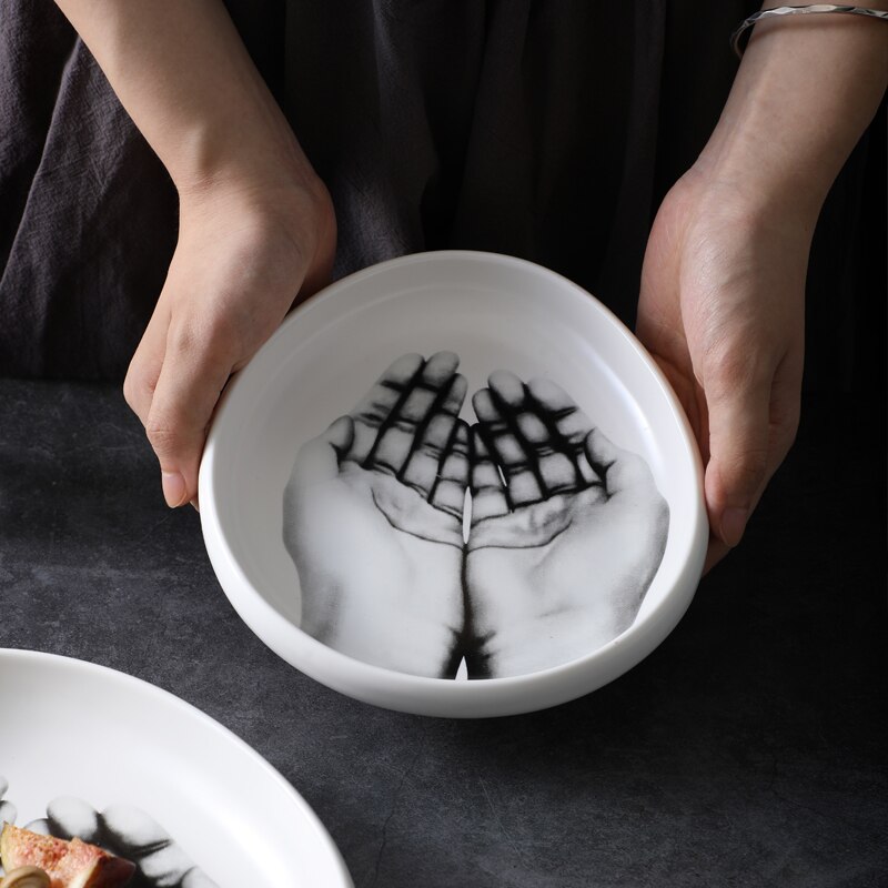 Ceramic Tableware Porcelain Plate Black and White Hand Pattern Dishes