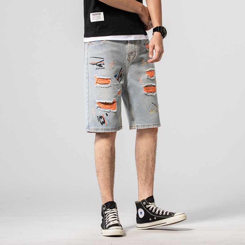 Lato bawełna z dziurami, dżinsowe szorty męskie porwane jeansy Retro jeansy męskie spodenki bermudy deskorolka Harem mężczyzna Jogger do kostek