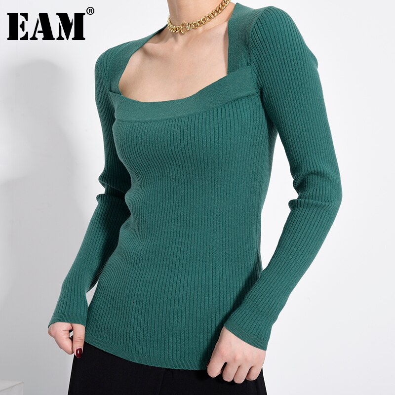 [EAM] vert tricot pull coupe ample col carré à manches longues femmes pulls nouvelle marée automne hiver 1Y57906