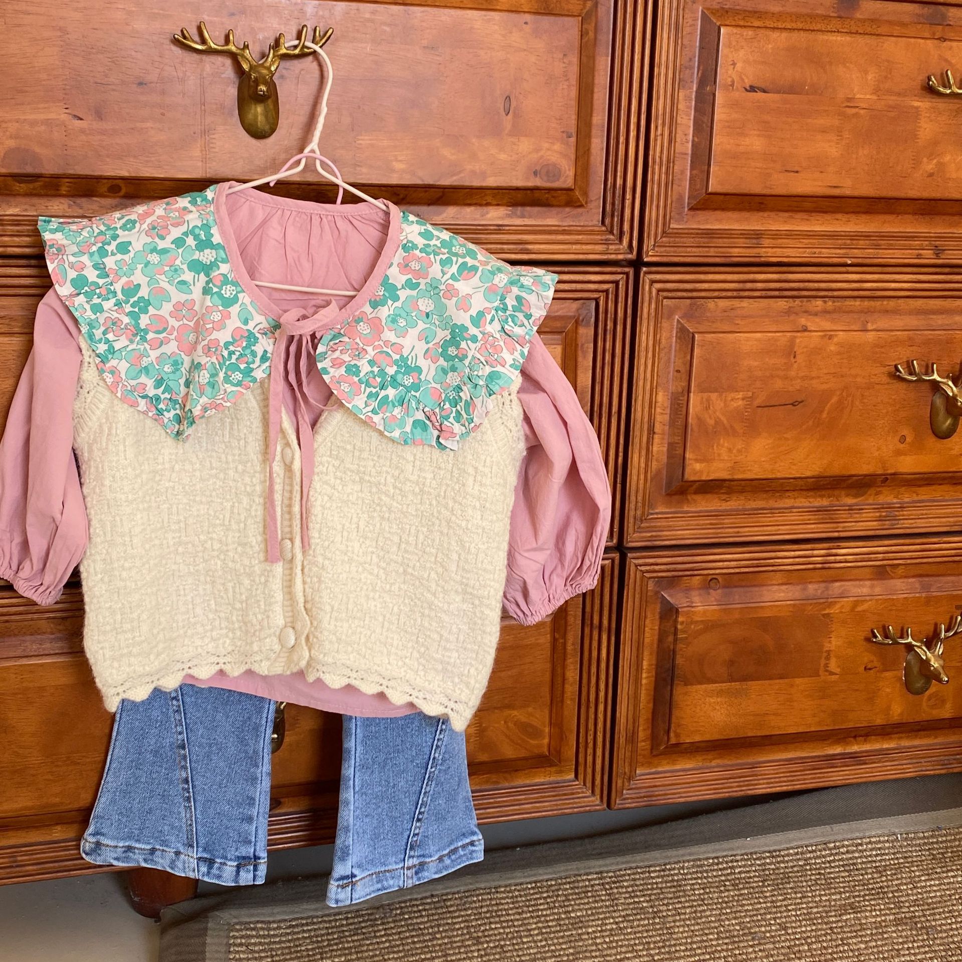 2022 Lente Koreaanse Kinderkleding Koreaanse Stijl Groen Bloemen Grote Revers Meisjes Shirt