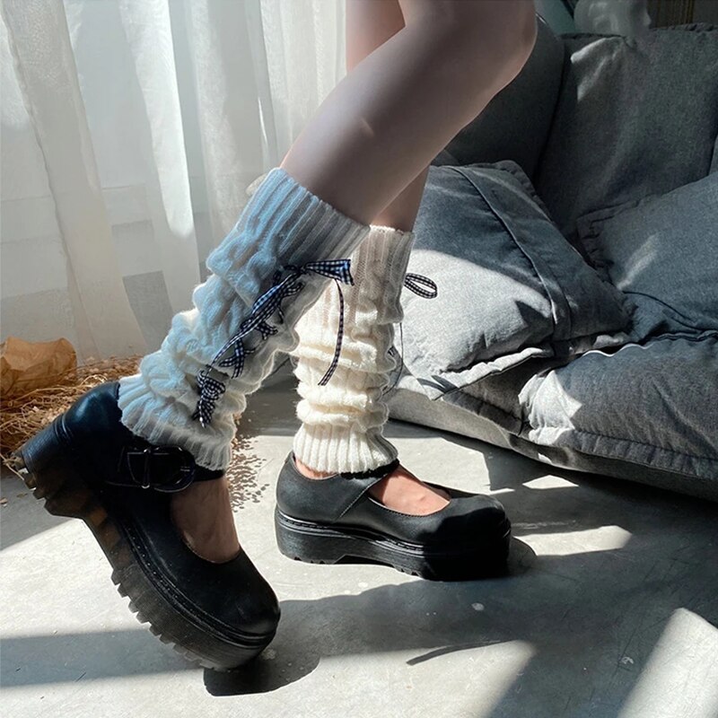 Scaldamuscoli autunnali da donna, calzini alti lavorati a maglia elasticizzati senza piede con fasciatura tinta unita per ragazze, bianco/nero