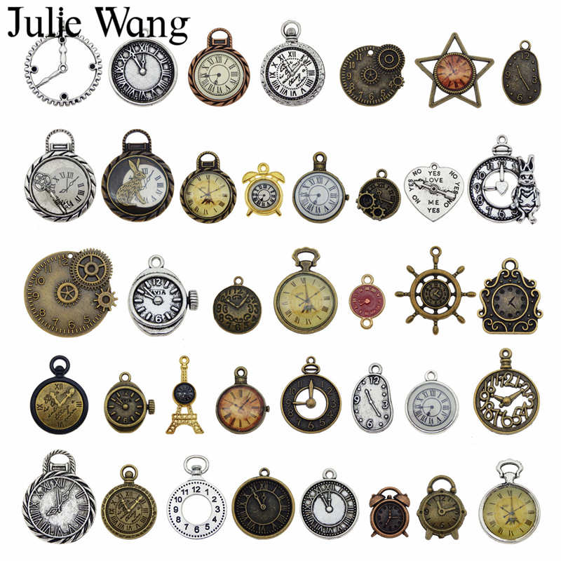 Julie Wang 10pcs Random Mixed Clock Watch Face Charms Alloy Necklace Pendant Finding Jewelry Making Steampunk Accessory