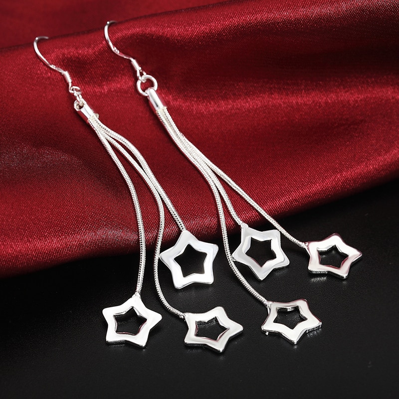 925 Silver 8.5cm Long Tassel Snake Chain Hollow Star Earrings For Women Wedding Jewelry