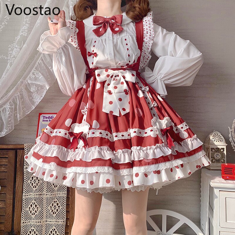 Vestido de estilo japonés gótico de Lolita para mujer, ropa Kawaii con estampado de puntos, fresa dulce, Harajuku, femenino, con tirantes: Two Piece Set / S