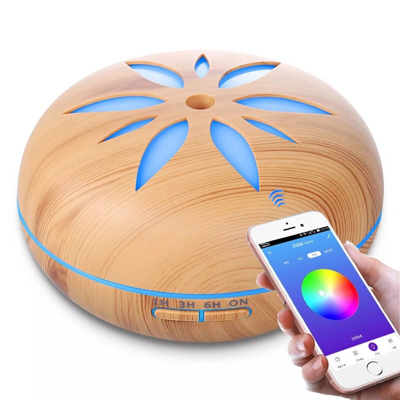 550ML APP Essentiële Olie Diffuser Aroma Luchtbevochtiger Met Houtnerf Afstandsbediening 7 Veranderende Kleuren LED Lamp Voor home Office: Light Wood Grain / ons
