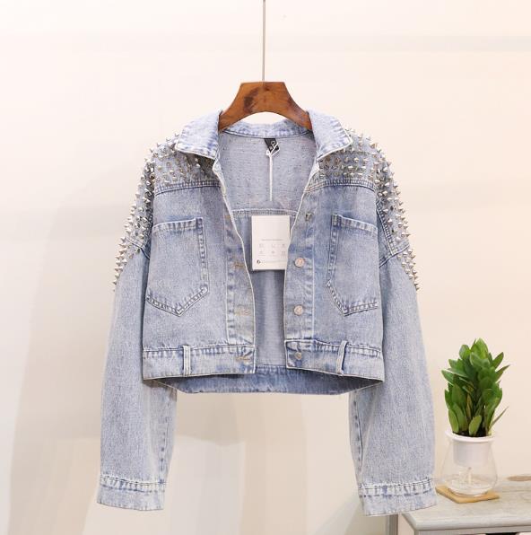 europäischen Vintage Kurze Jean Jacke Mantel Frau Herbst Neue Schwere Niet Lose Fledermaus Ärmel Denim Jacken Frauen Hübscher jacke: S