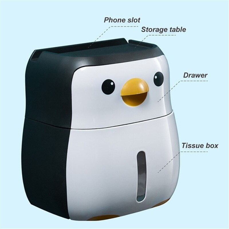 1Piece Penguin Shape Wall-mounted Toilet Roll Paper Holder Phone Tissue Drawer Storage Box Home Bathroom Supplies
