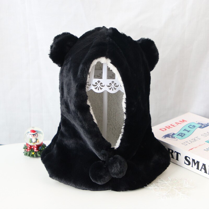 Schattige babymuts met berenoortjes, warme pluche wintermuts voor meisjes en jongens, effen kleur, oorbescherming voor buiten, zachte peutermuts: Zwart
