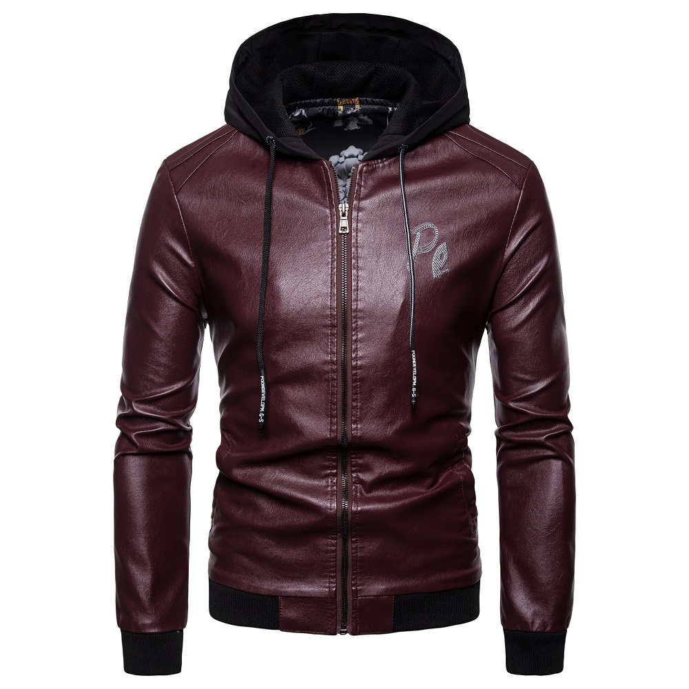 Men Leather Jacket Motorcycle Slim Leather Coat Men's British Style Hooded Leather Coat: Burgundy / M