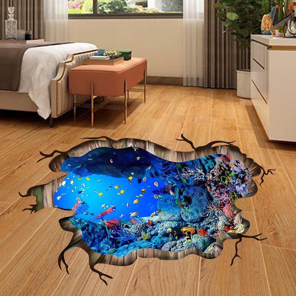 3D Underwater World Wall Decal Home Floor Stickers Decor Vivid Fish Sea Turtle Broken Animals Art Wall Decal