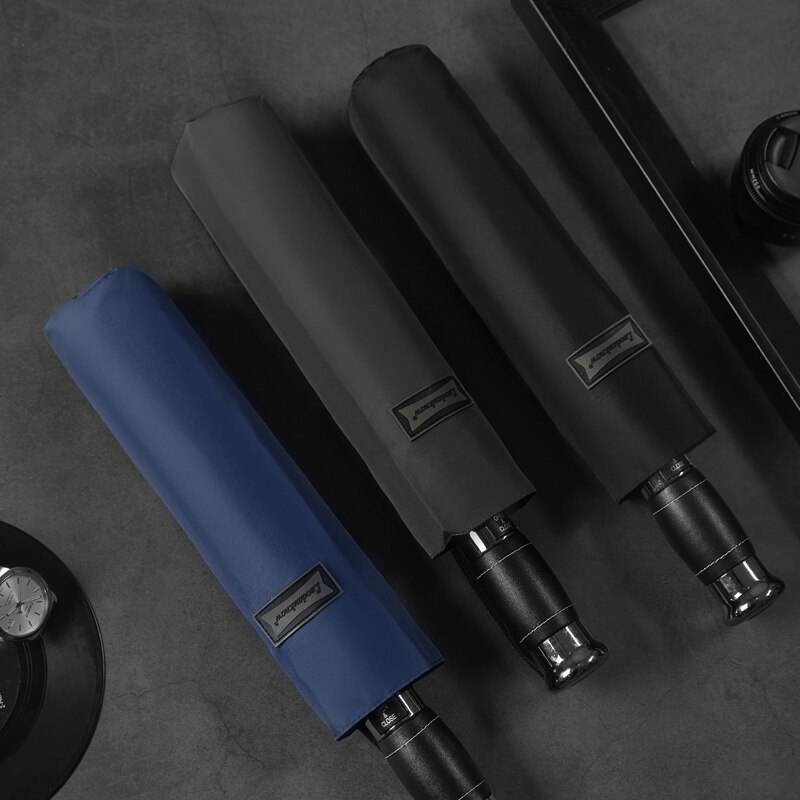 Paraply automatisk 115cm sort golf stor paraply regn læder håndtag business man paraplyer 10 ribben parasol herre