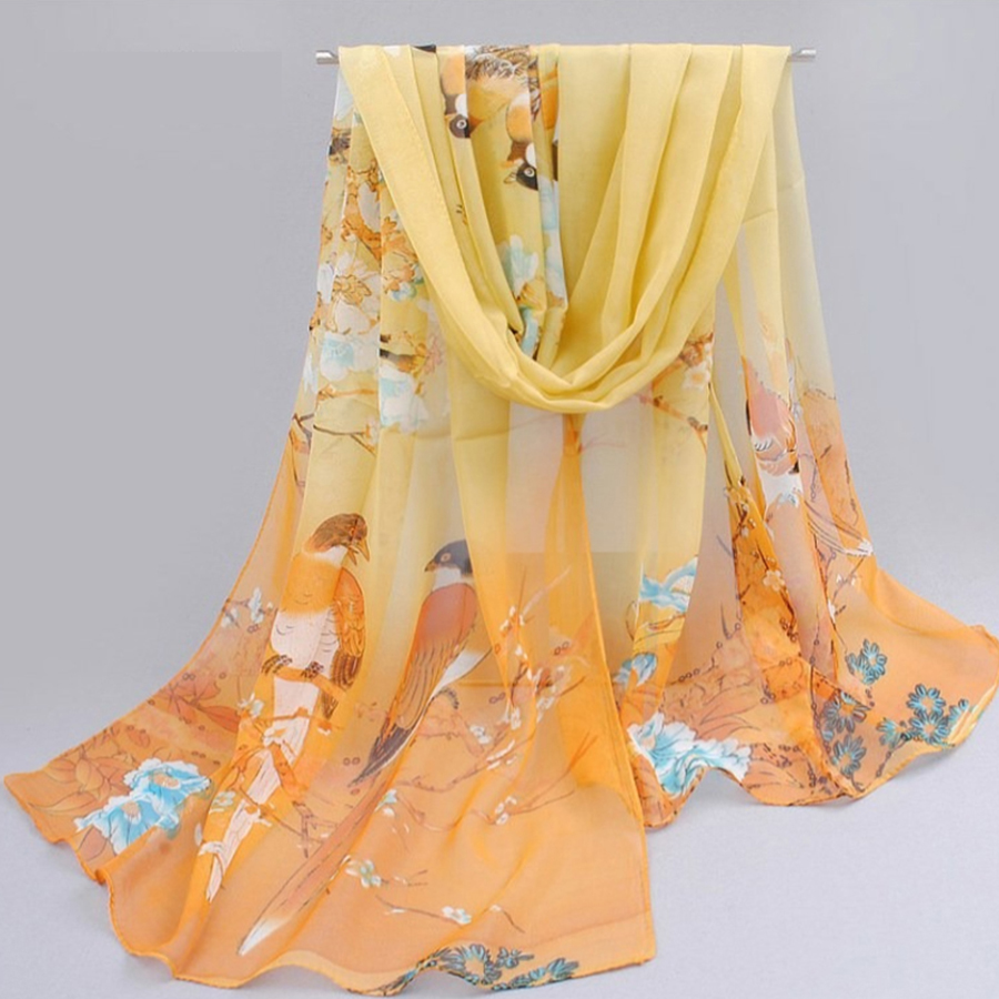 Bufanda de gasa para mujer, bufanda de seda sintética con patrón de urraca, bufanda larga de gasa, bolso de hombro con protección solar, pañuelo para la cabeza: YELLOW