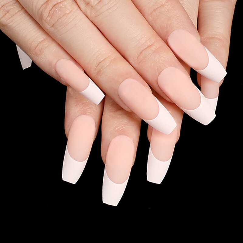 Ongles à pression, 24 pièces, couleur chair, Matte, Nude, rose, blanc, cercueil, Style français, ballerine, tenue, forme carrée, tête carrée