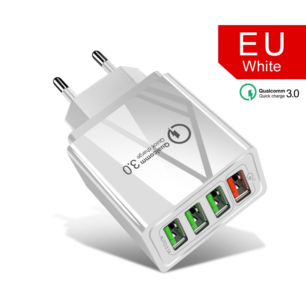 48W USB Quick Charge for iphone 7 8 Mobile Phone Fast Charger Charging Tablet QC 3.0 Fast Wall Charger US EU UK Plug Adapte: EU Plug White