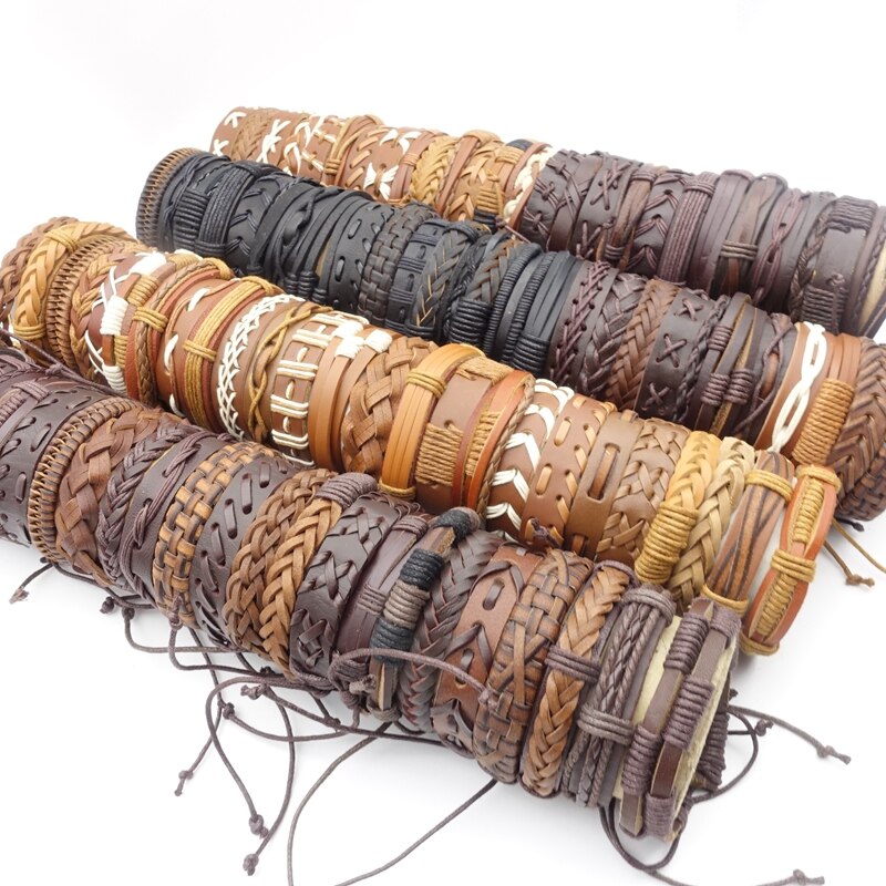 MIXMAX all&#39;ingrosso 50 pezzi bracciali polsino per uomo donna Mix stili fatti a mano in pelle gioielli moda regalo regalo scatola ridimensionabile confezionato