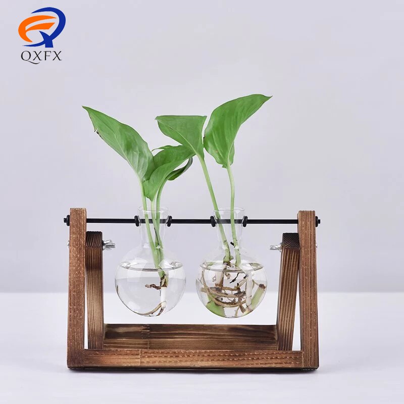 Plante terrarium med træstativ luftplanter pære glasvase metal drejeboks til hydroponics dekoration af hjemmekontoret