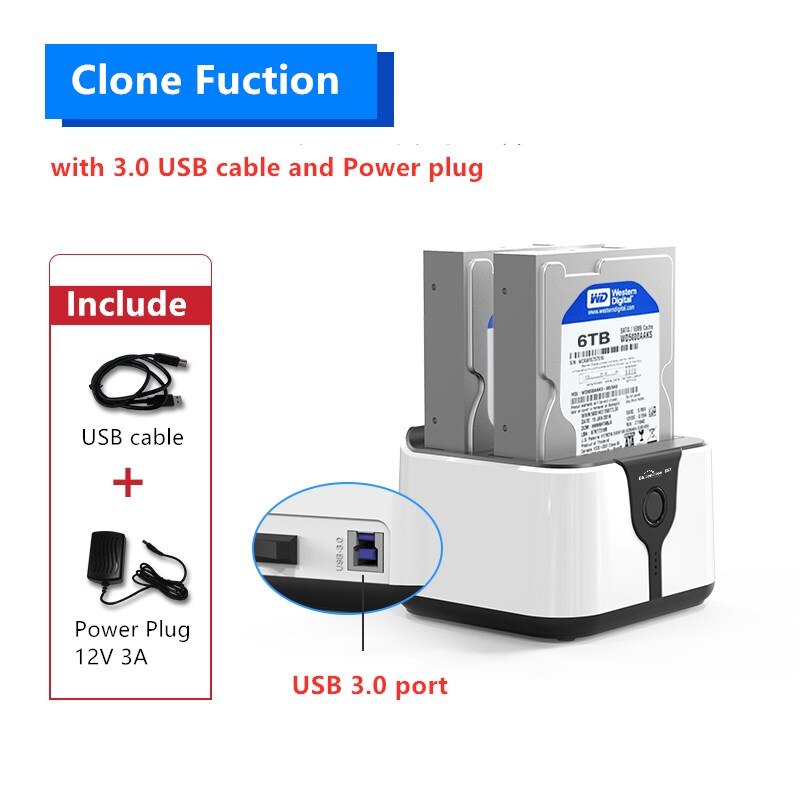 2-Bay SATA USB 3.0 SSD enclosure HDD case usb hdd enclosure External Hard Drive Docking for 2.5/3.5inch HDD/SSD Offline Clone A: 2-Bay-US plug white