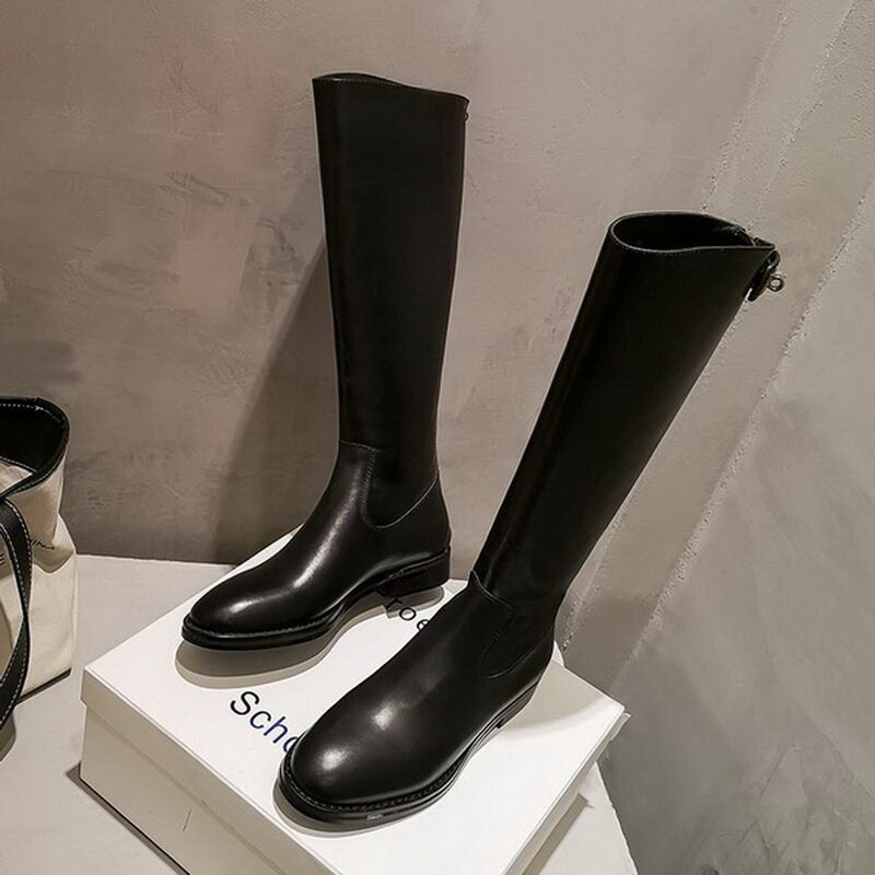 Dames hoge laarzen dames motorlaarzen lage hak herfst/winter schoenen warm pluche achterkant rits schoeisel ronde neus dames zwart