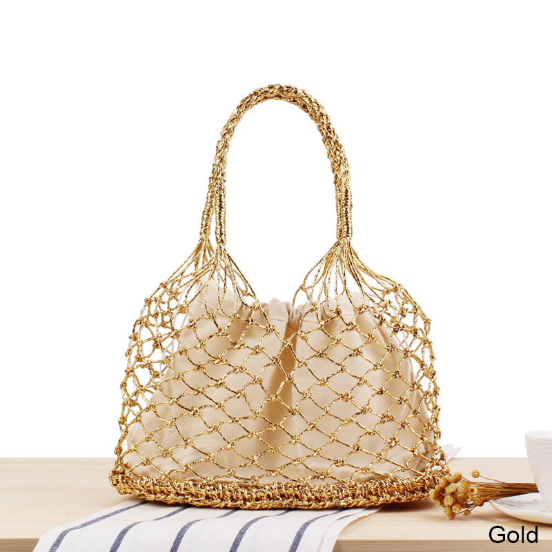 INS Chic Zomer Strand Tassen Katoen Hollow Mand Composiet Tas Leisure Stro Tas voor Meisjes Vrouwen Handtassen Mesh Touw Netto tassen: gold