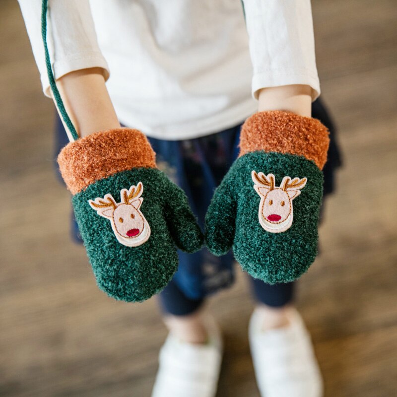 Belle 1-3 ans enfants hiver dessin animé papier cerf tricot mitaines garçon/filles épaissir velours tricot enfants doux gant A23: Green