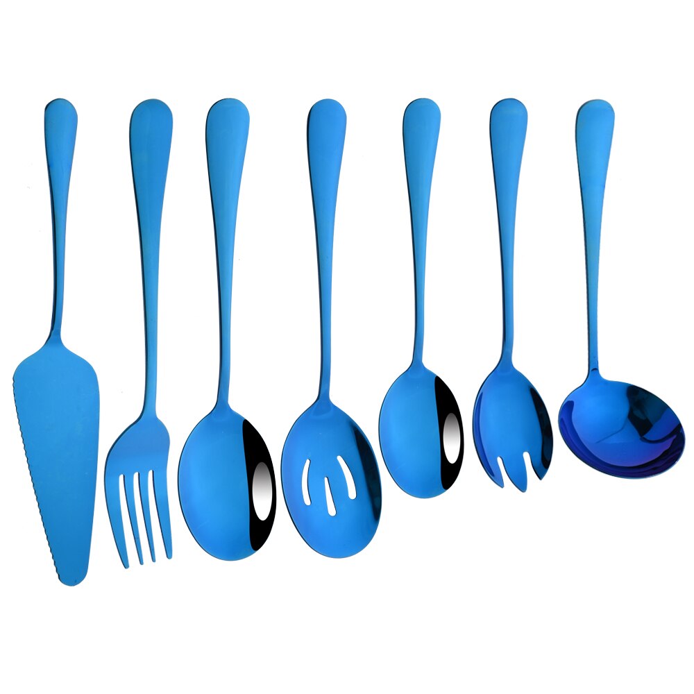 7Pcs Gold Stainless Steel Dinnerware Set Soup Spoon Colander Spoon Service Spoon Salad Fork Cake Spatula Kitchen Home Tableware: Blue