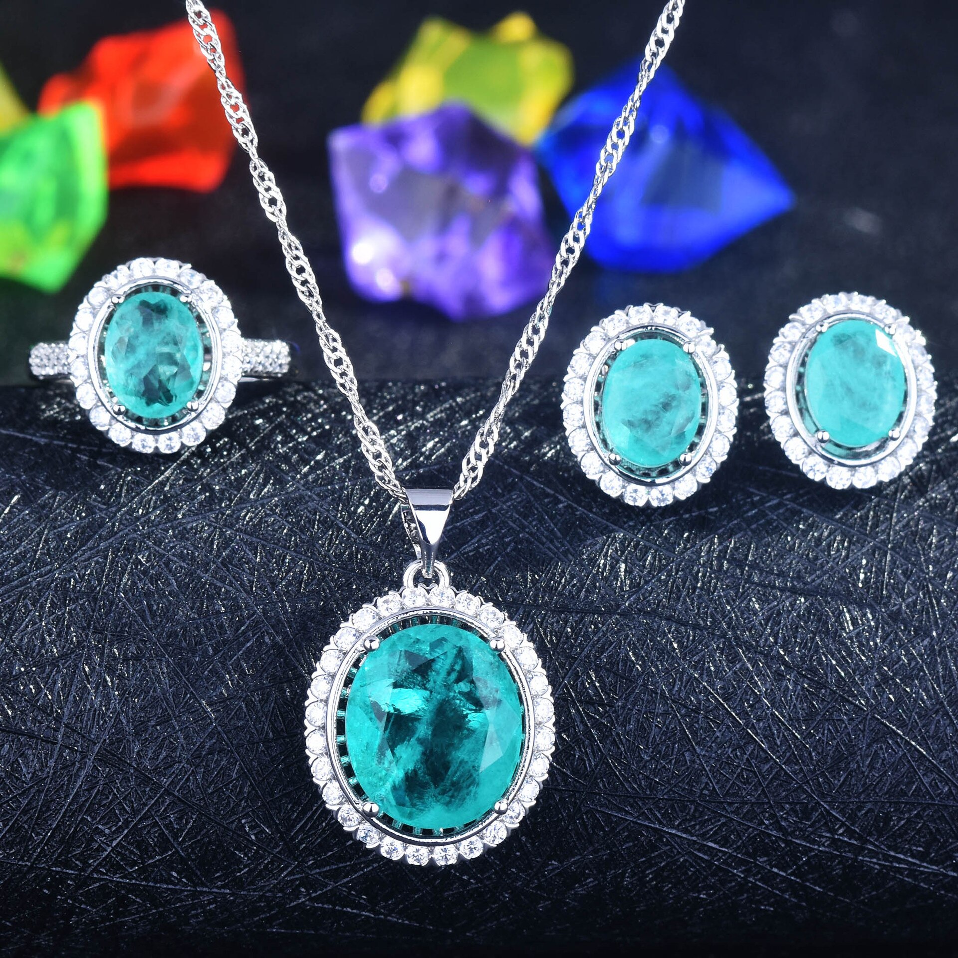 empfindlich Ei bilden Brasilien Paraiba Turmalin Silber Farbe Ring Ohrringe Halskette Ketten Schmuck-einstellen für Frauen
