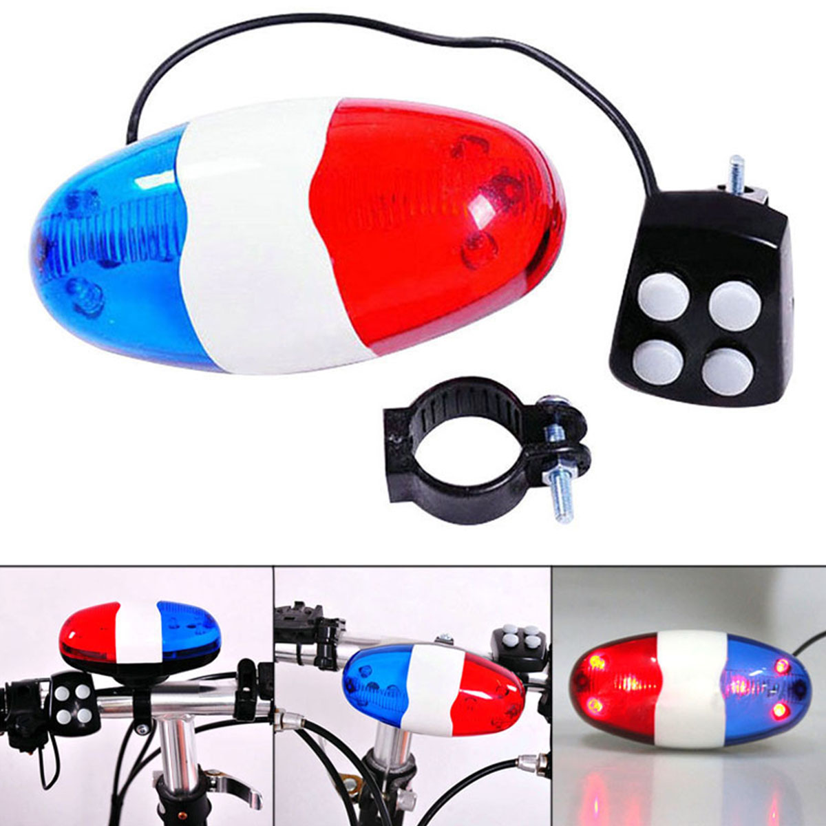 Fahrrad-Polizei-Sirene, 4 Sounds Melody, Fahrrad-Krafthupe, Sirene, Glocke, 6 LEDs, Stroboskop, blaues und rotes Fahrrad-Sicherheitslicht für Kinderfahrräder
