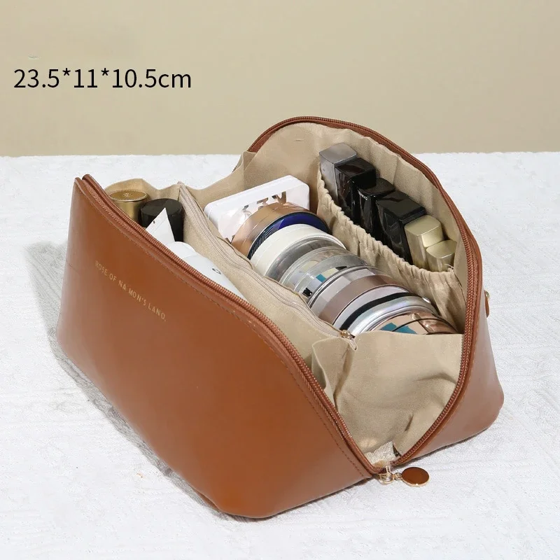 Neceser de viaje para mujer, caja de cosméticos impermeable de PU, organizador de maquillaje de gran capacidad, bolsa de de artículos de tocador para el día de la madre: Castaño